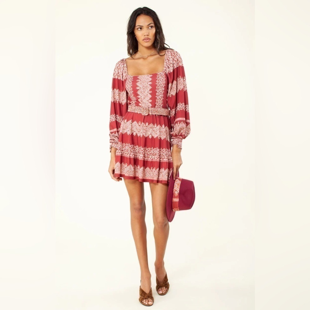 NEW Hale Bob Women's Grazia Jersey Mini Dress Red Print Belted Balloon Sleeve XS